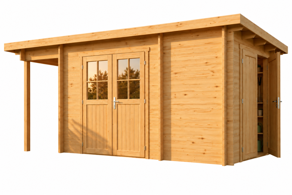 Abri de jardin bois brut HORIZON 3K - Toit plat avec appentis - 2 pièces - 10,01 m² + 2,70 m² - Madriers 28 mm