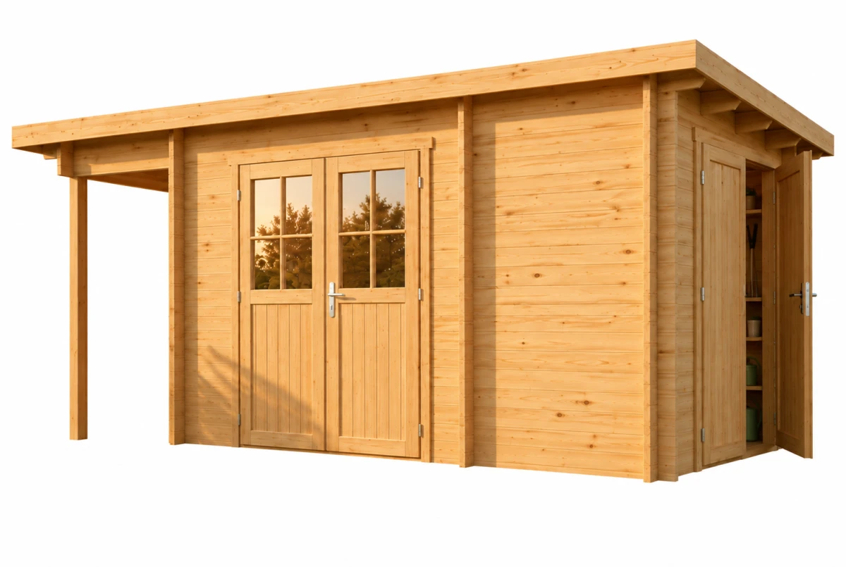 Abri de jardin bois brut HORIZON 3K - Toit plat avec appentis - 2 pièces - 10,01 m² + 2,70 m² - Madriers 28 mm
