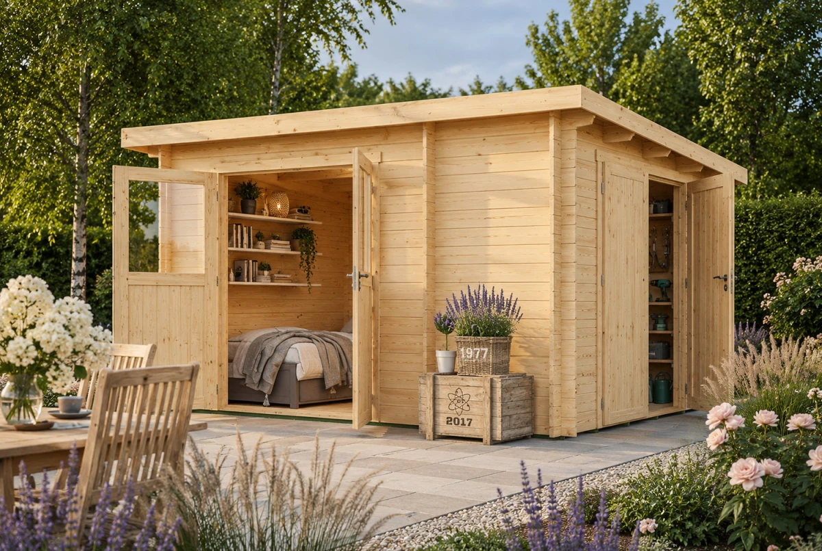 Abri de jardin bois brut HORIZON 3L - Toit plat - 2 pièces - 10,01 m² - Madriers 28 mm
