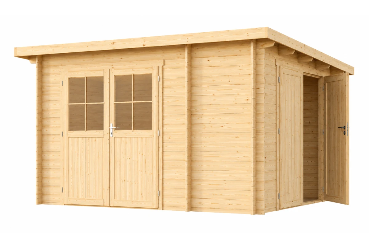 Abri de jardin bois brut HORIZON 3L - Toit plat - 2 pièces - 10,01 m² - Madriers 28 mm
