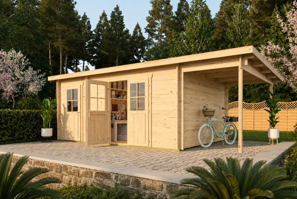 Abri de jardin bois brut HORIZON 5I - Toit plat avec appentis - 2 pièces - 15,50m² + 4,74 m² - Madriers 44 mm