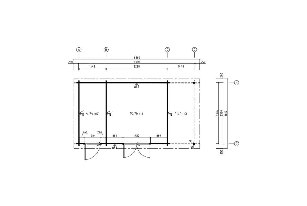 Abri de jardin bois brut HORIZON 5I - Toit plat avec appentis - 2 pièces - 15,50m² + 4,74 m² - Madriers 44 mm