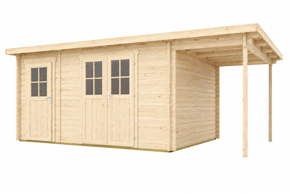 Abri de jardin bois brut HORIZON 5I - Toit plat avec appentis - 2 pièces - 15,50m² + 4,74 m² - Madriers 44 mm