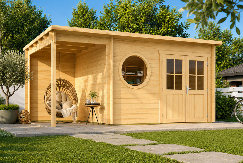 Abri de jardin bois brut HORIZON 4O - Toit plat avec appentis - 8,74 m² + 4,26 m² - Madriers 44 mm