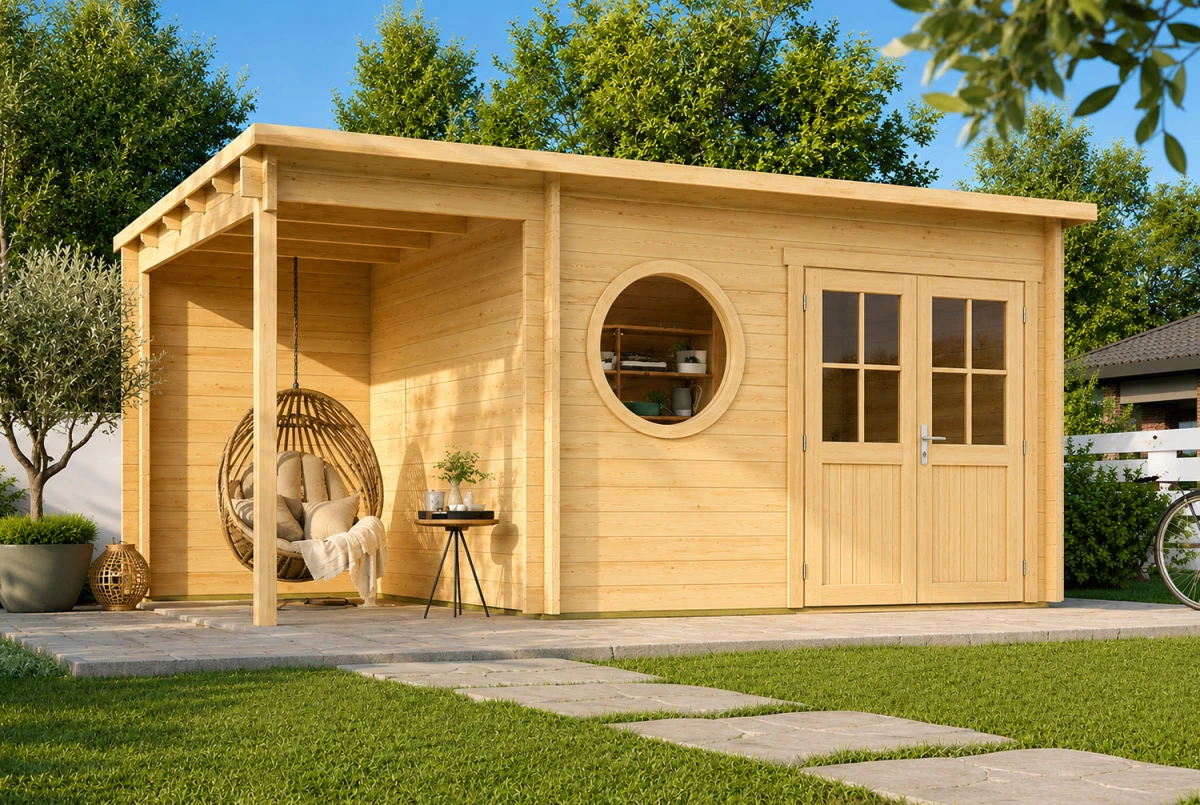 Abri de jardin bois brut HORIZON 4O - Toit plat avec appentis - 8,74 m² + 4,26 m² - Madriers 44 mm