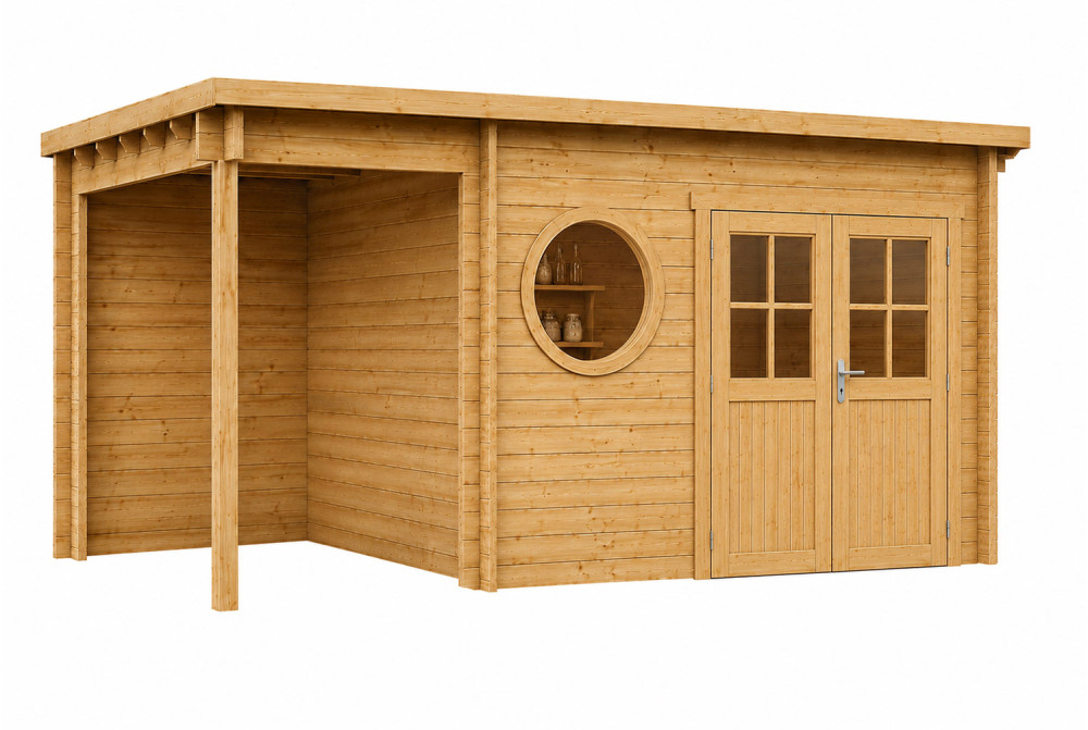 Abri de jardin bois brut HORIZON 4O - Toit plat avec appentis - 8,74 m² + 4,26 m² - Madriers 44 mm
