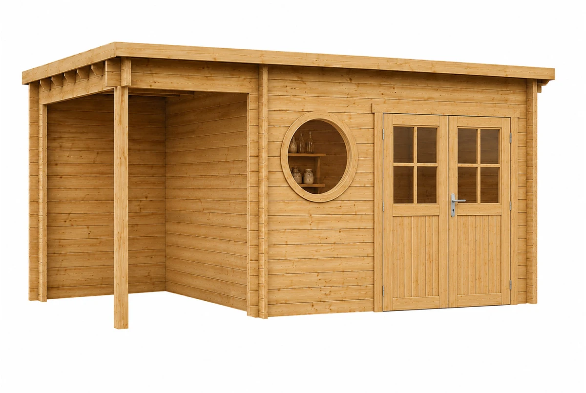 Abri de jardin bois brut HORIZON 4O - Toit plat avec appentis - 8,74 m² + 4,26 m² - Madriers 44 mm