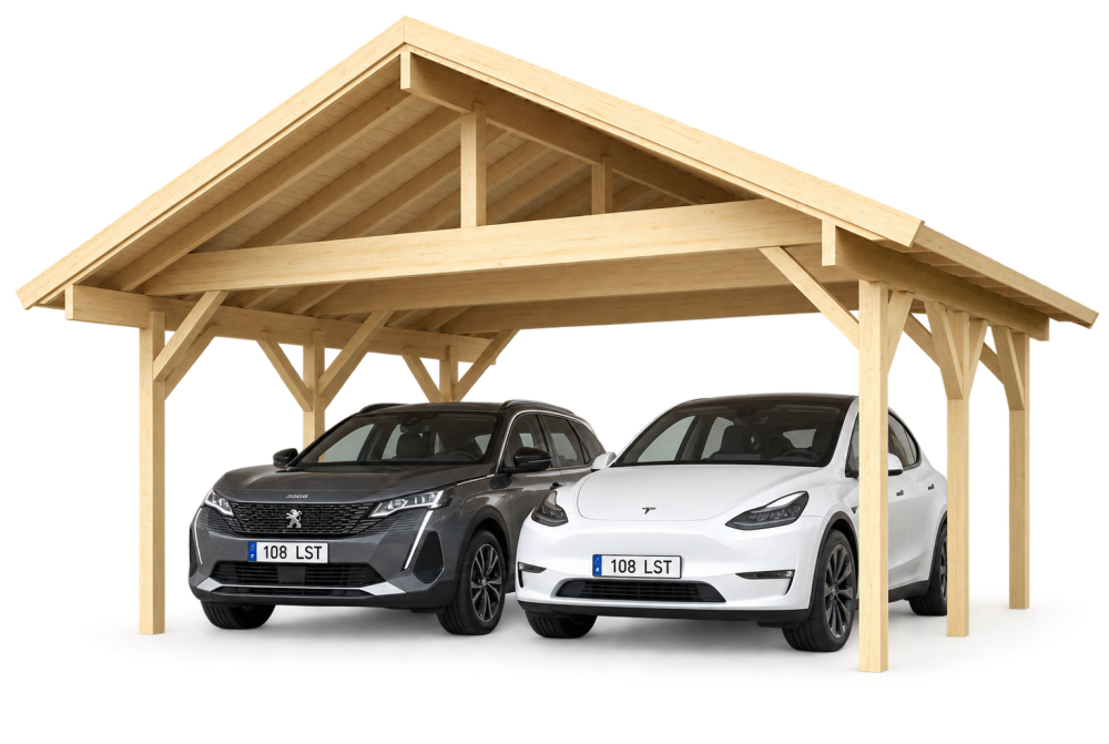 Carport bois brut 2 voitures toit double pente TERRA 34 - 5,6 x 6 m - Épicéa