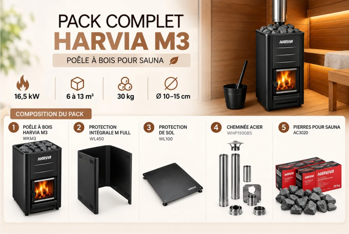 Pack poêle à bois Harvia M3 pour sauna : cheminée, protections et pierres incluses