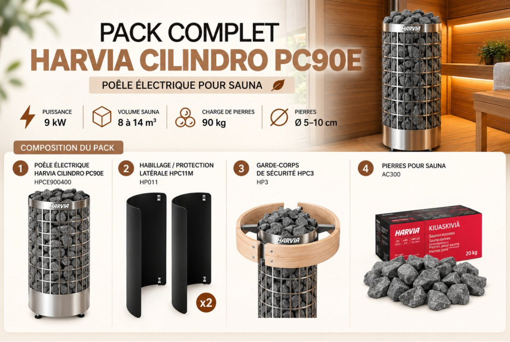 Pack Harvia Cilindro PC90E 9 kW : poêle électrique pour sauna avec protections, garde-corps et pierres