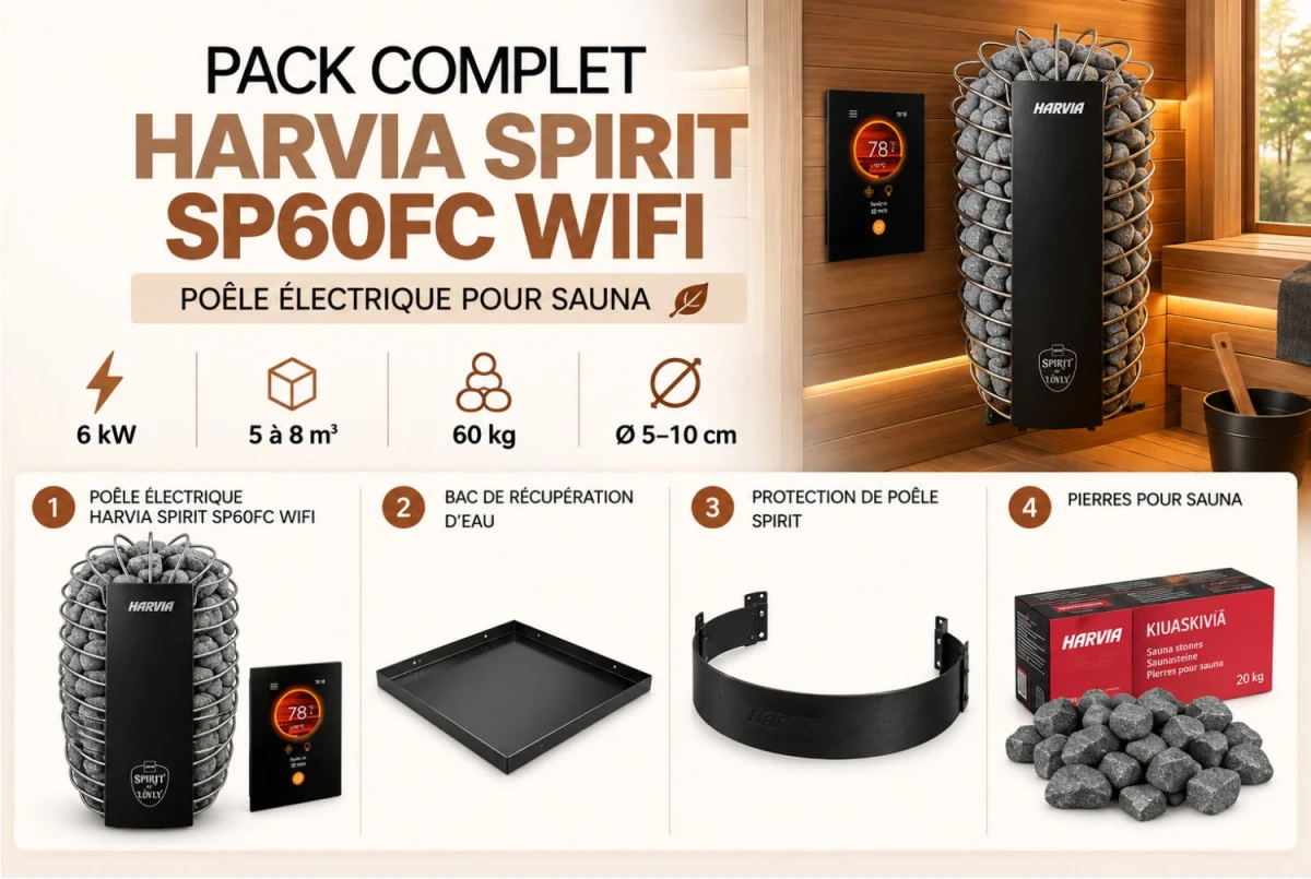 Pack Harvia Spirit SP60FC WiFi 6 kW : poêle électrique connecté et accessoires pour sauna