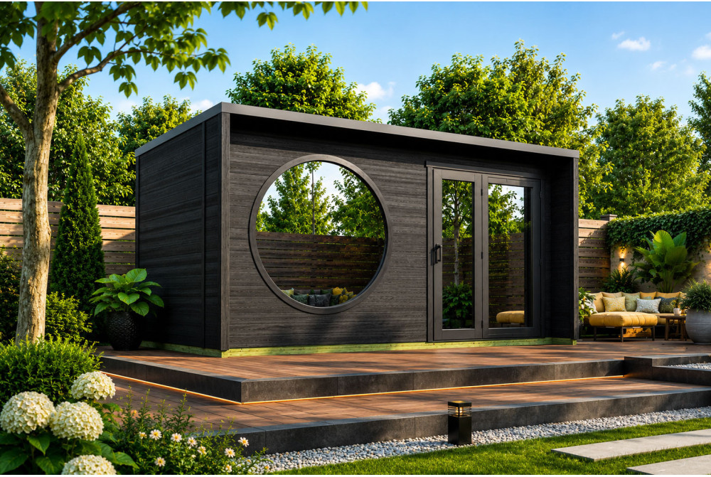 Sauna cabine extérieure 2 pièces à toit plat NORDIK L – 5,30 + 4,19 m² – Bois thermotraité noir – Madriers 70 mm contrecollés
