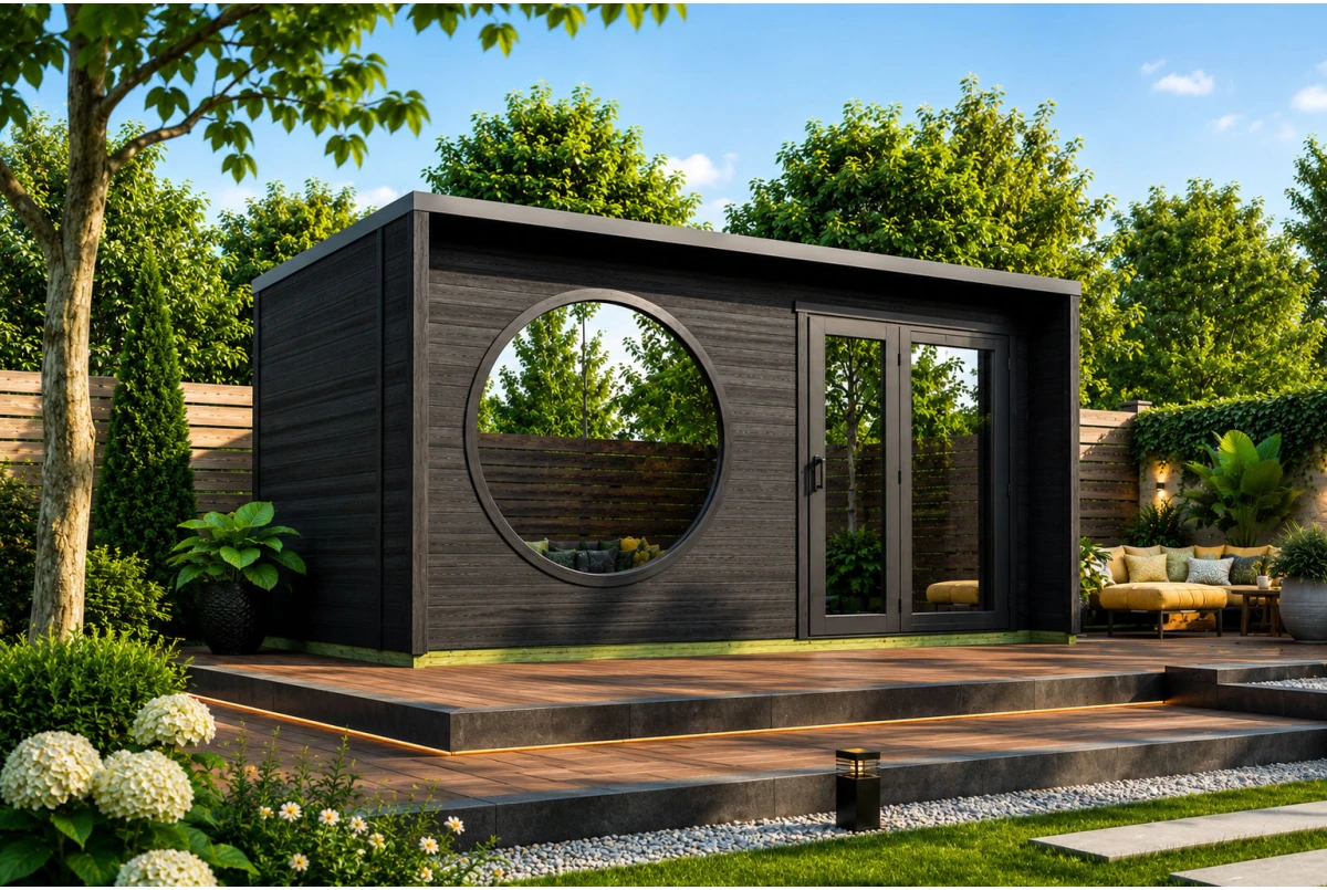 Sauna cabine extérieure 2 pièces à toit plat NORDIK L – 5,30 + 4,19 m² – Bois thermotraité noir – Madriers 70 mm contrecollés