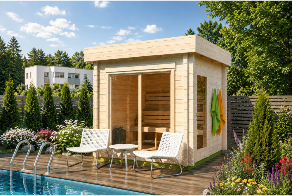 Sauna cabine extérieure à toit plat TOUNDRA 70A – 5,06 m² – Madriers 70 mm contrecollés
