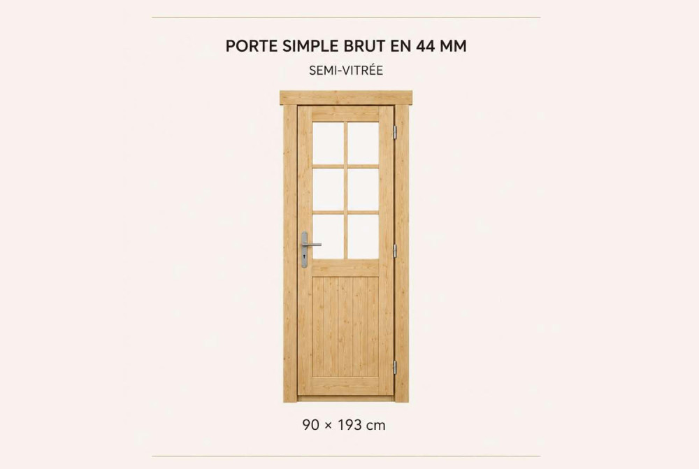 Kit porte simple semi-vitrée bois brut 90 x 199 cm pour abri ou garage 44 mm