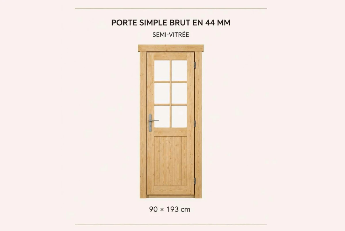 Kit porte simple semi-vitrée bois brut 90 x 199 cm pour abri ou garage 44 mm