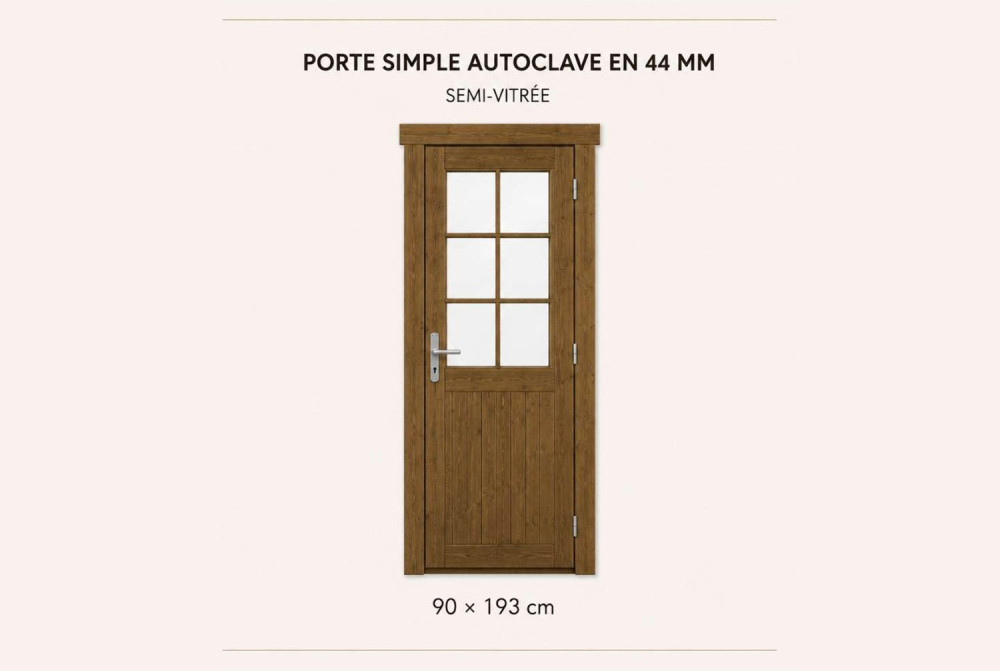 Kit porte simple semi-vitrée bois autoclave 90 x 199 cm pour abri ou garage 44 mm