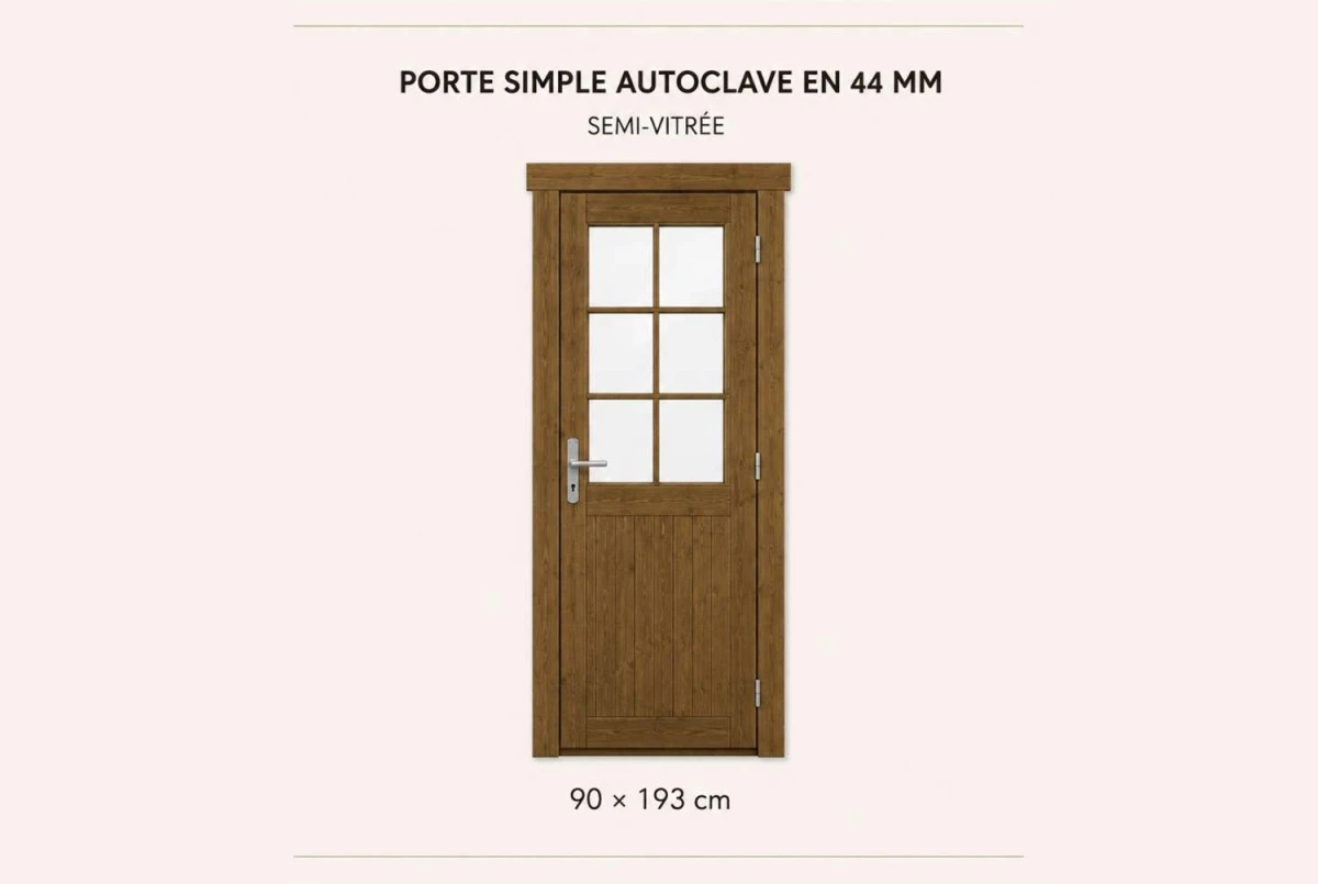 Kit porte simple semi-vitrée bois autoclave 90 x 199 cm pour abri ou garage 44 mm