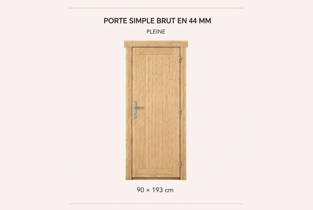 Kit porte simple pleine en bois brut 90 x 199 cm pour abri ou garage 44 mm