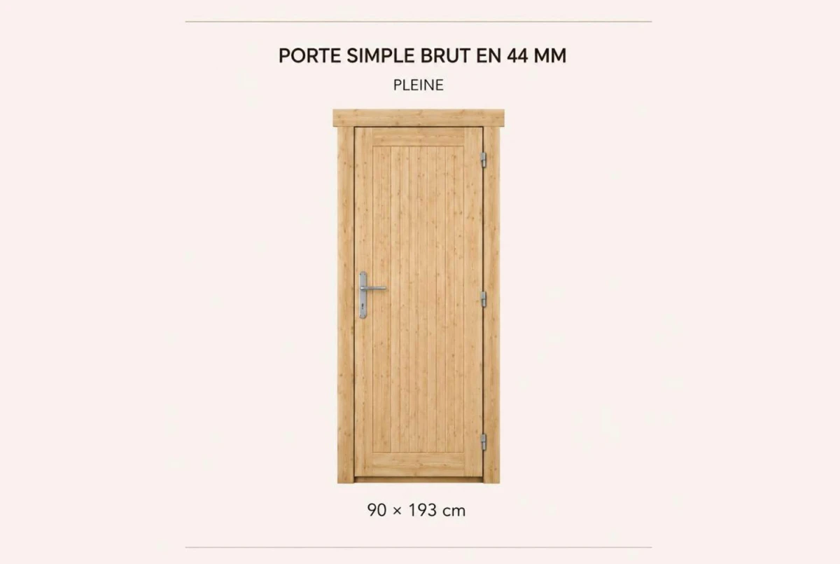 Kit porte simple pleine en bois brut 90 x 199 cm pour abri ou garage 44 mm
