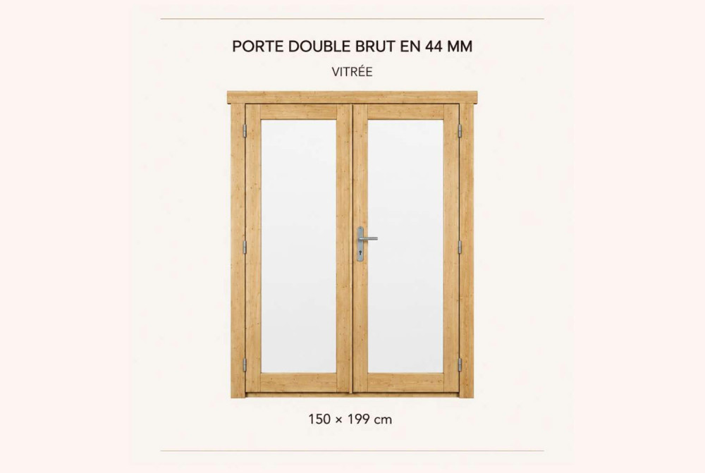 Kit porte double vitrée en bois brut 150 x 199 cm pour abri ou garage 44 mm