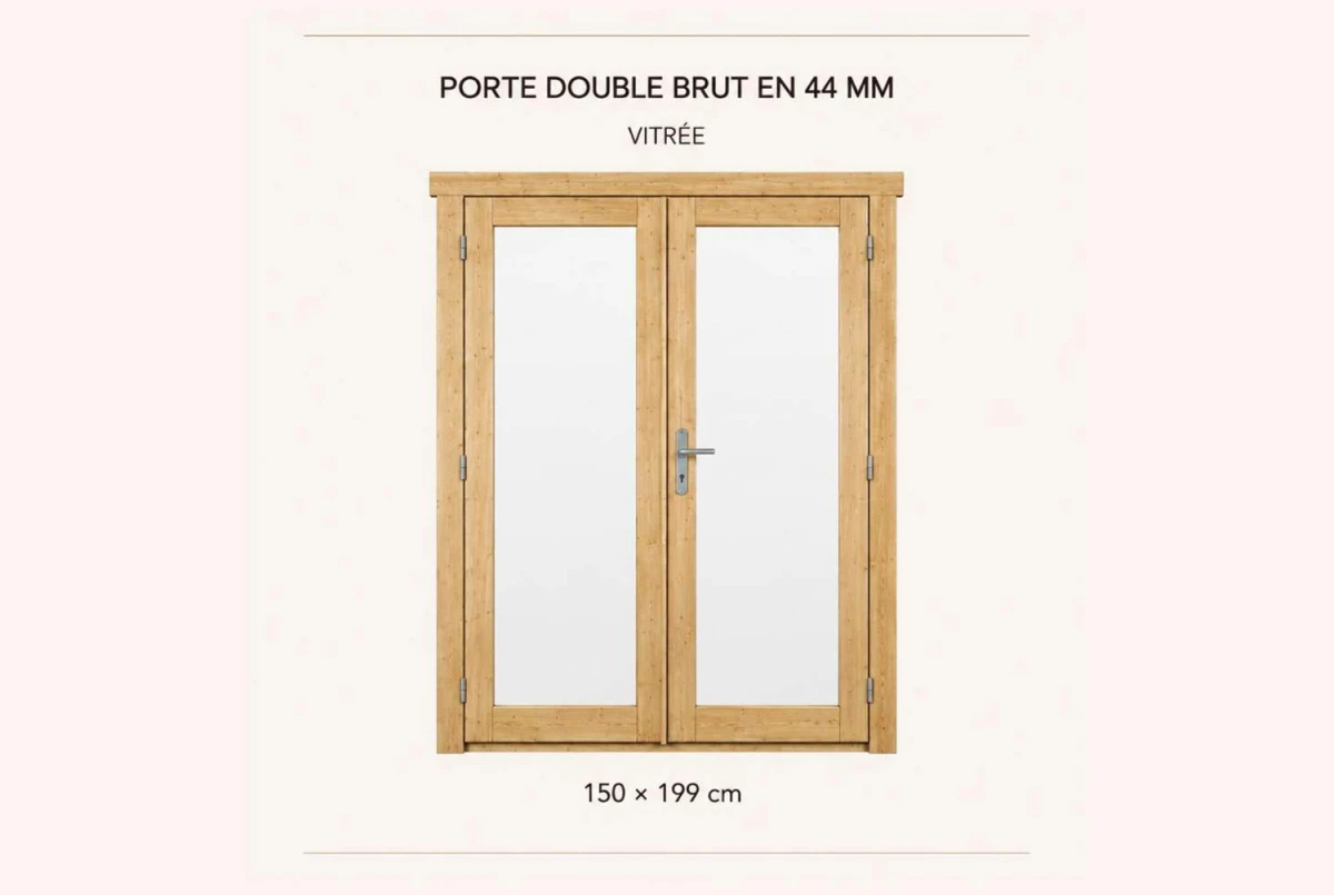 Kit porte double vitrée en bois brut 150 x 199 cm pour abri ou garage 44 mm
