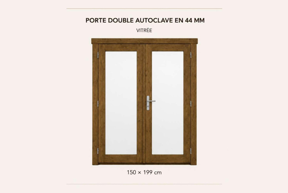 Kit porte double vitrée en bois autoclave 150 x 199 cm pour abri ou garage 44 mm