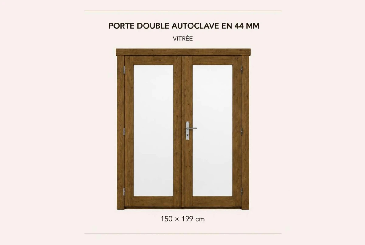 Kit porte double vitrée en bois autoclave 150 x 199 cm pour abri ou garage 44 mm