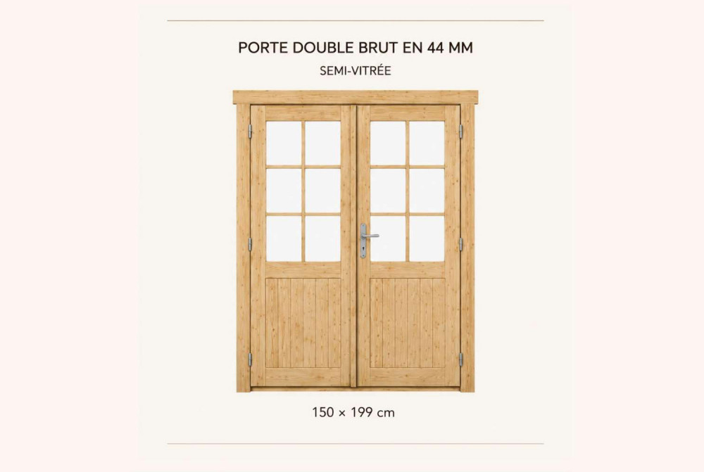 Kit porte double semi-vitrée en bois brut 150 x 199 cm pour abri ou garage 44 mm