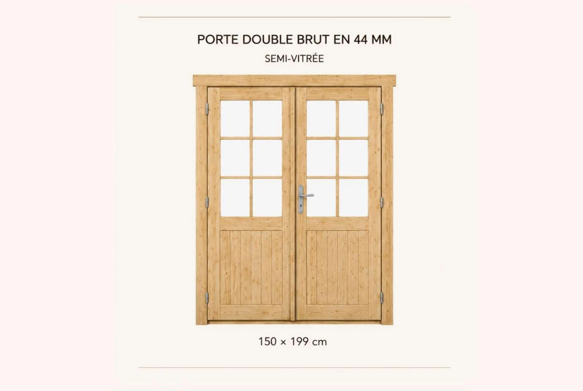 Kit porte double semi-vitrée en bois brut 150 x 199 cm pour abri ou garage 44 mm