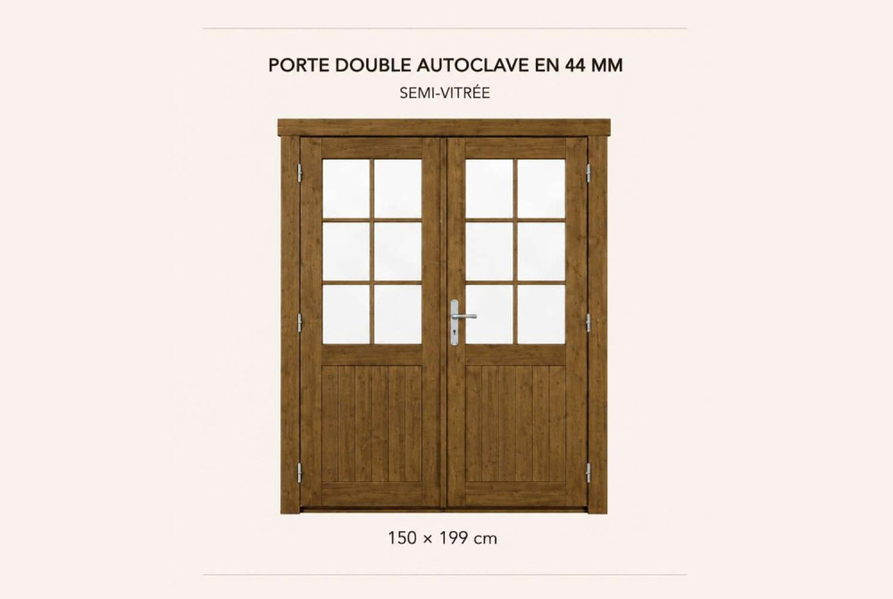 Kit porte double semi-vitrée en bois autoclave 150 x 199 cm pour abri ou garage 44 mm
