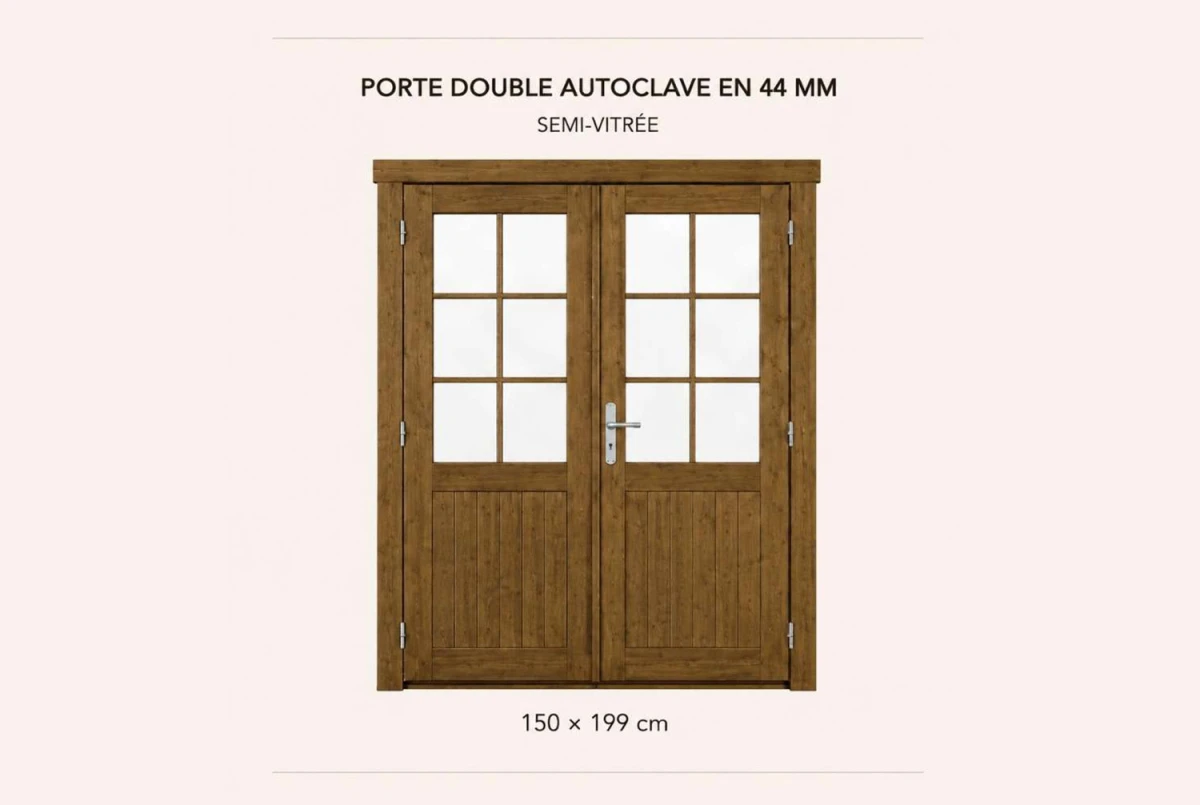 Kit porte double semi-vitrée en bois autoclave 150 x 199 cm pour abri ou garage 44 mm