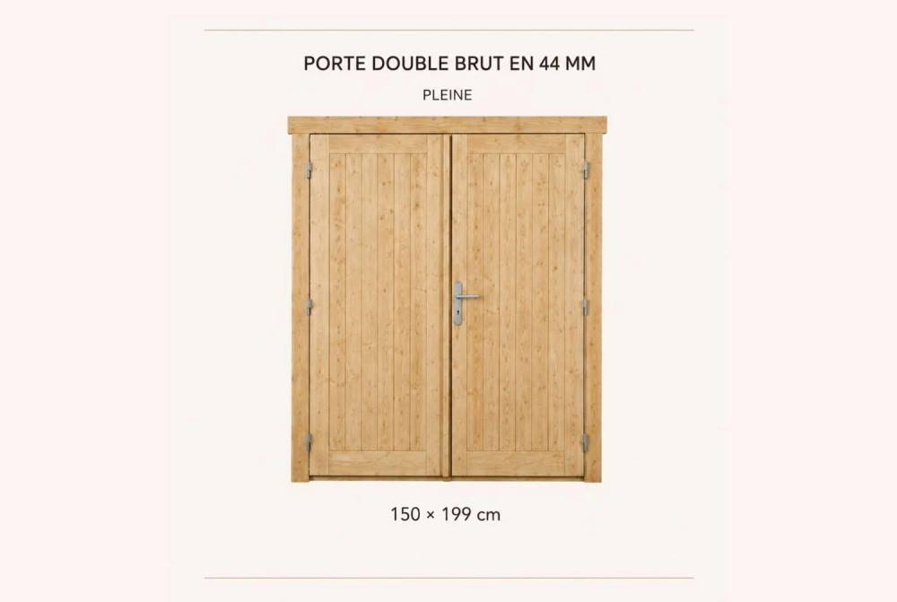 Kit porte double pleine en bois brut 150 x 199 cm pour abri ou garage 44 mm