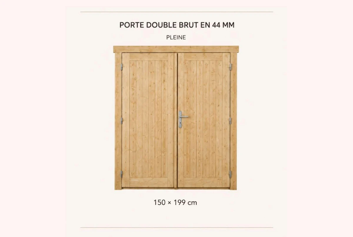 Kit porte double pleine en bois brut 150 x 199 cm pour abri ou garage 44 mm