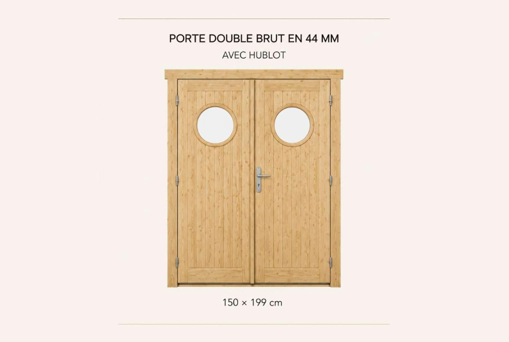 Kit porte double avec hublot en bois brut 150 x 199 cm pour abri ou garage 44 mm