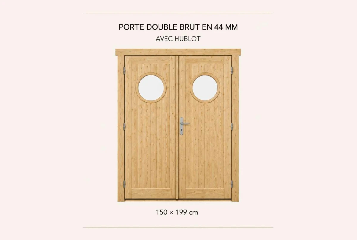 Kit porte double avec hublot en bois brut 150 x 199 cm pour abri ou garage 44 mm