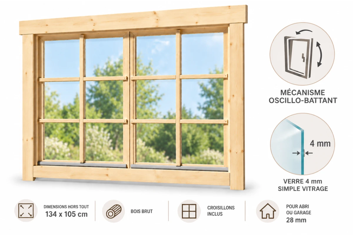 Fenêtre supplémentaire bois brut 134 x 105 cm pour abri ou garage 28 mm