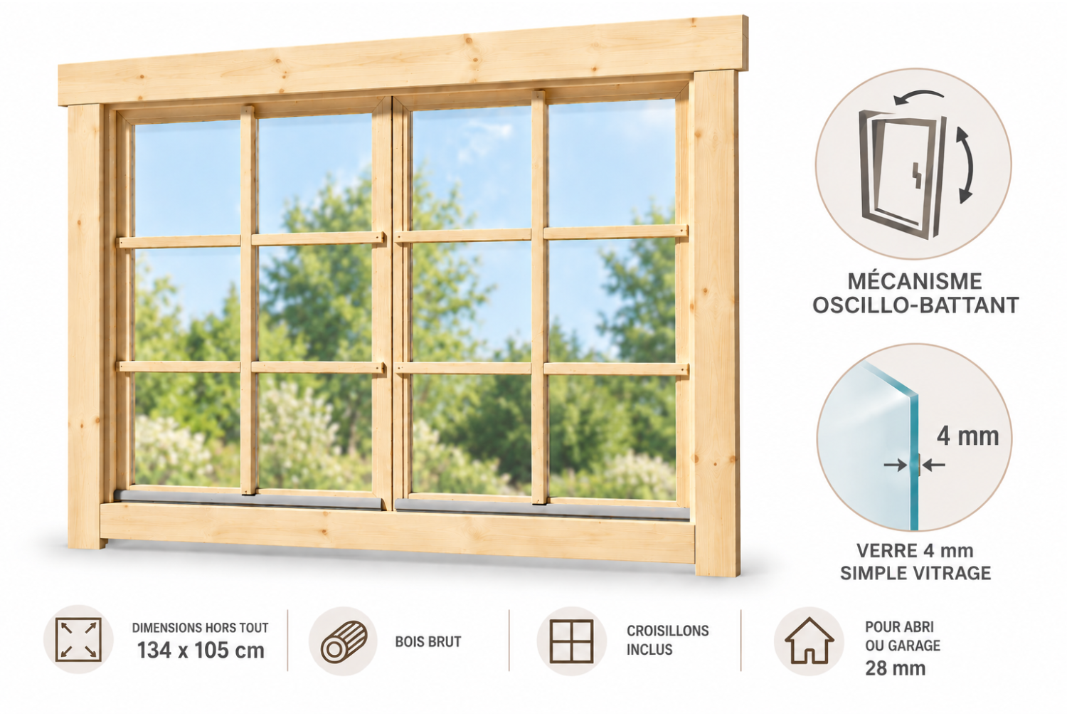 Fenêtre supplémentaire bois brut pour abri ou garage de 28mm - 134x105 cm - Simple vitrage