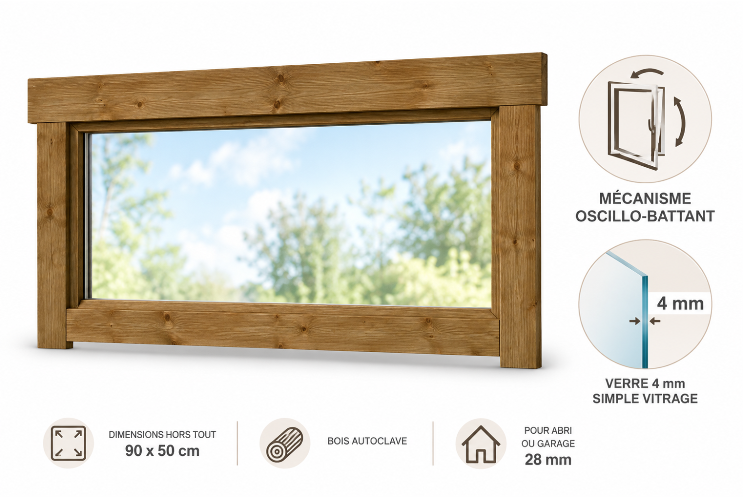 Fenêtre supplémentaire bois autoclave pour abri ou garage de 28mm - 90x50 cm - Simple vitrage