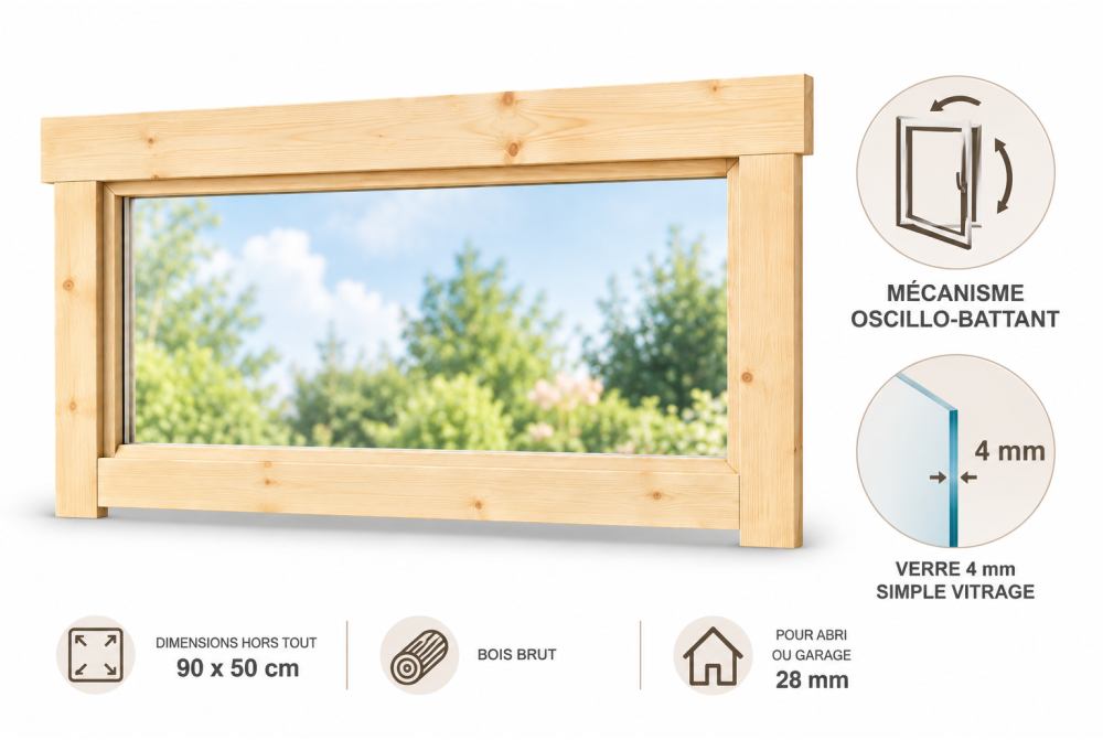 Fenêtre supplémentaire bois brut 90 x 50 cm pour abri ou garage 28 mm