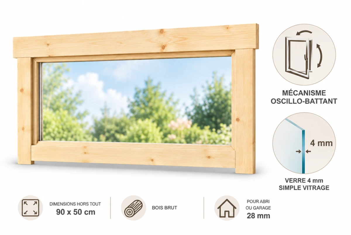 Fenêtre supplémentaire bois brut 90 x 50 cm pour abri ou garage 28 mm