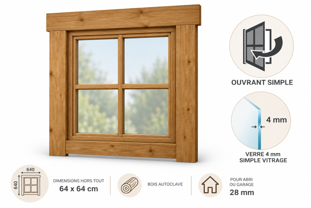 Fenêtre supplémentaire bois autoclave 64 x 64 cm avec croisillons pour abri ou garage 28 mm