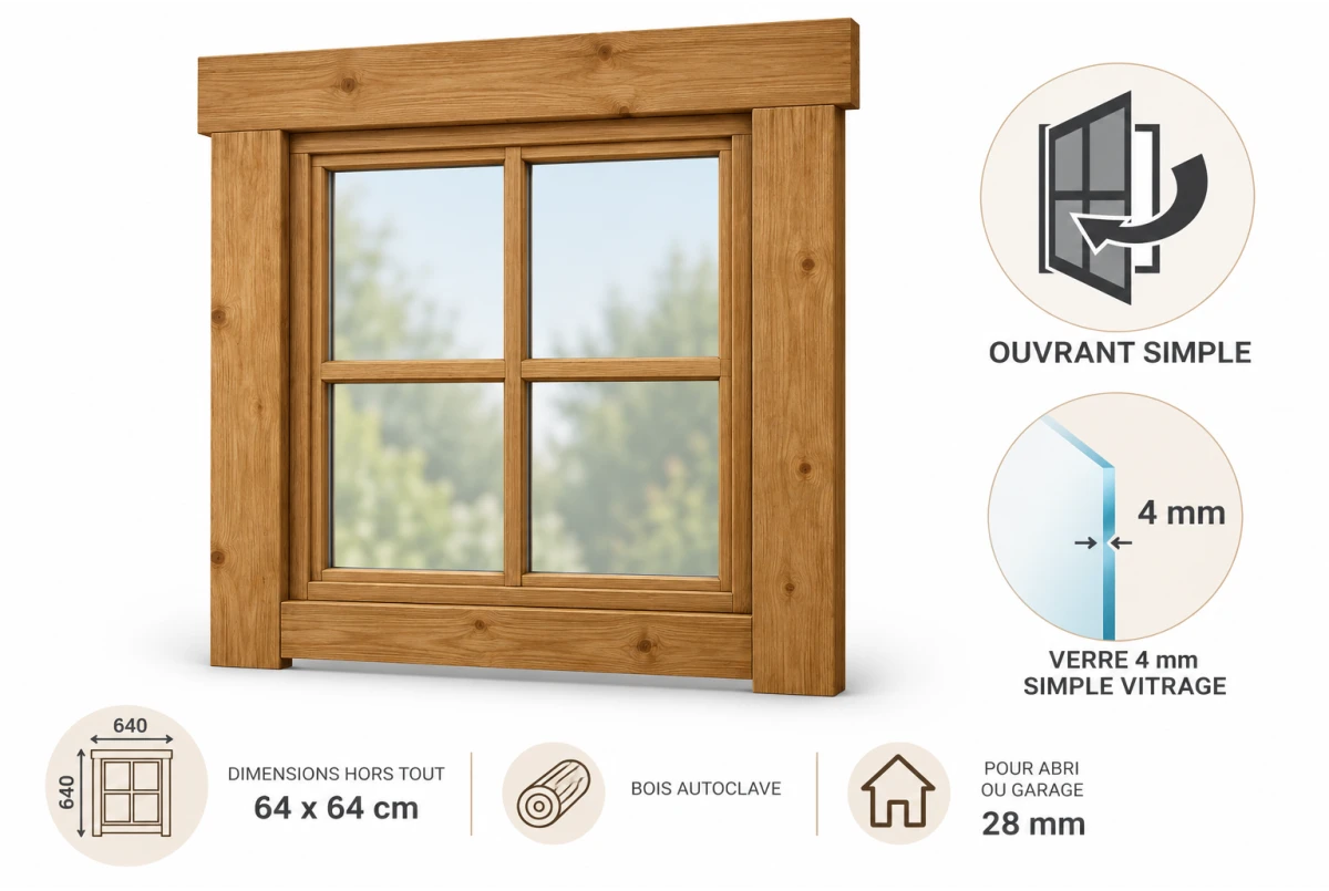Fenêtre supplémentaire bois autoclave 64 x 64 cm avec croisillons pour abri ou garage 28 mm