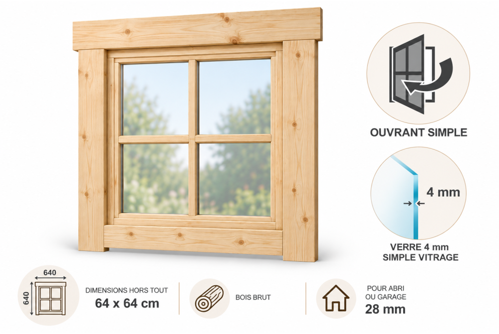 Fenêtre supplémentaire bois brut 64 x 64 cm avec croisillons pour abri ou garage 28 mm