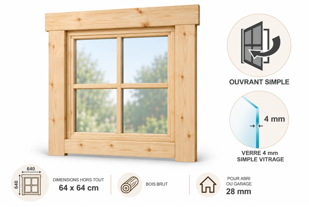 Fenêtre supplémentaire bois brut 64 x 64 cm avec croisillons pour abri ou garage 28 mm