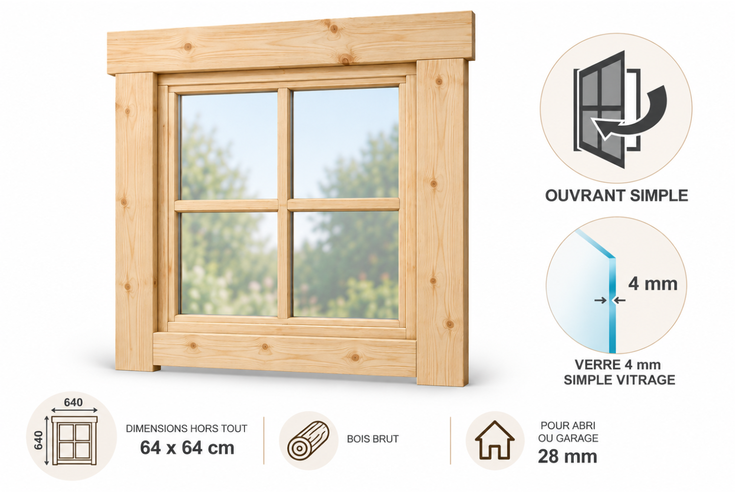 Fenêtre supplémentaire bois brut pour abri ou garage de 28mm - 64x64 cm - Simple vitrage