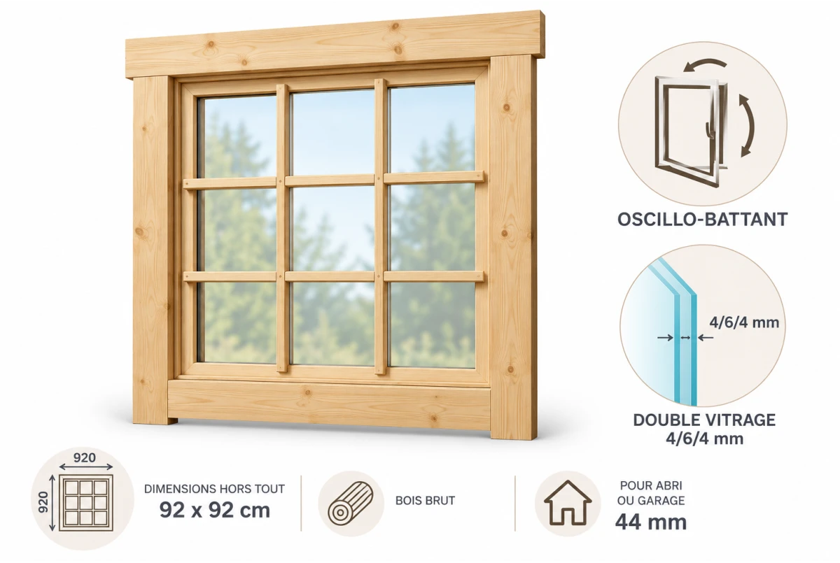 Fenêtre supplémentaire bois brut 92 x 92 cm avec croisillons pour abri ou garage 44 mm