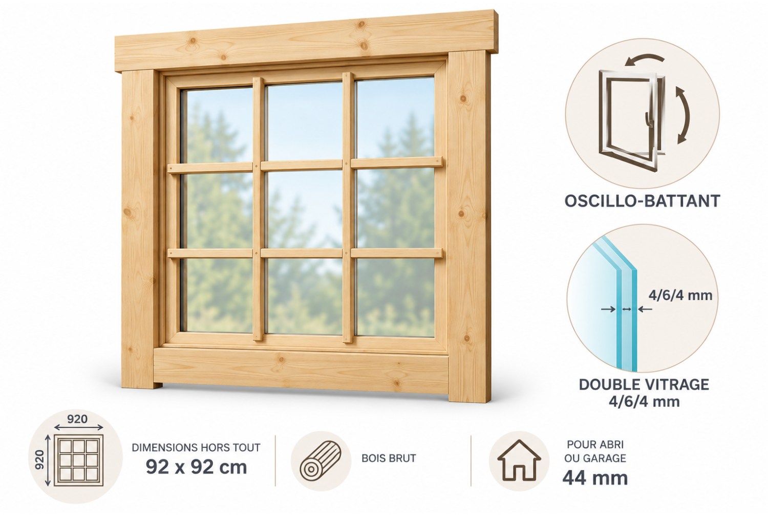 Fenêtre supplémentaire bois brut pour abri ou garage de 44mm - 92x92 cm - Double vitrage