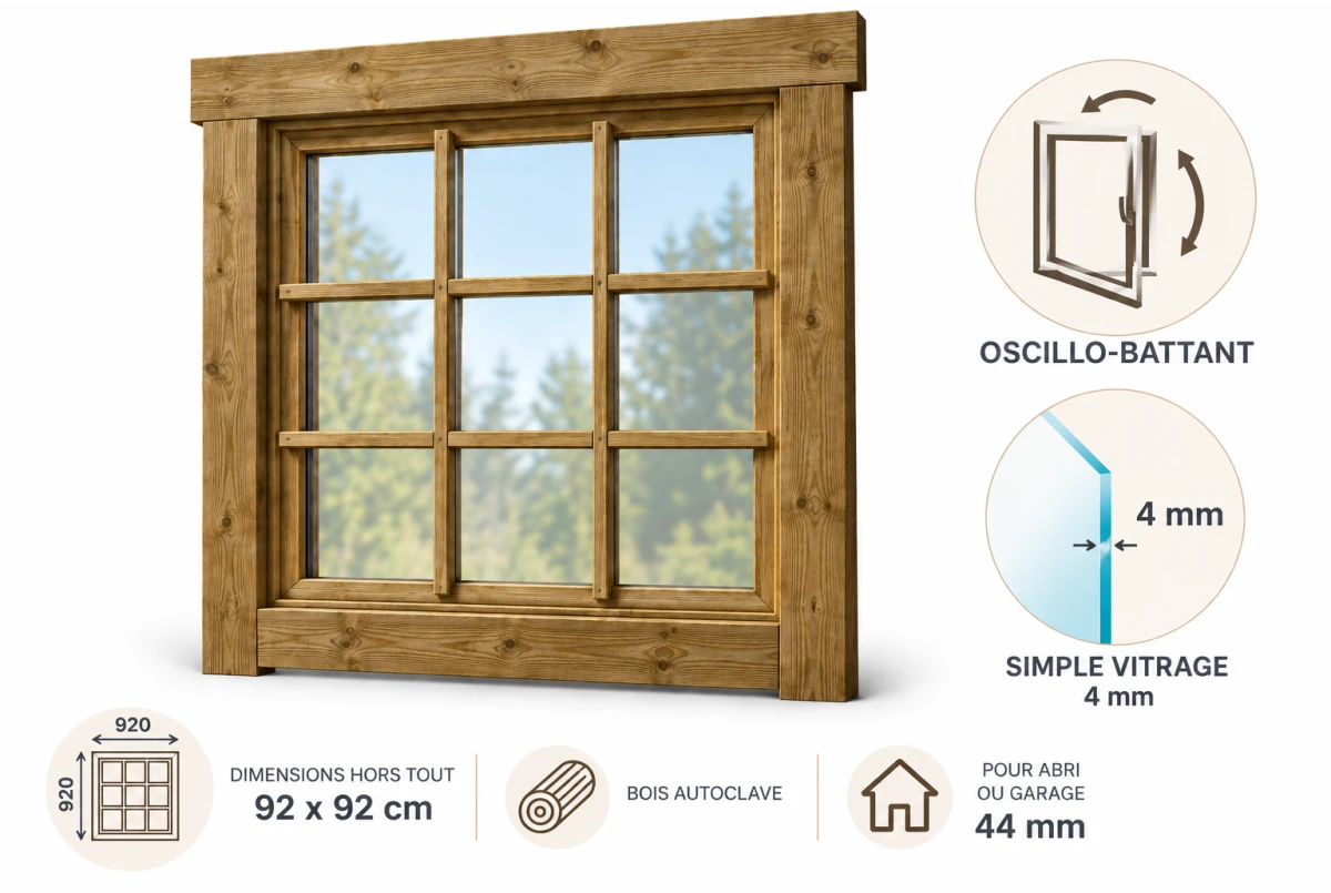 Fenêtre supplémentaire bois autoclave 92 x 92 cm avec croisillons pour abri ou garage 44 mm