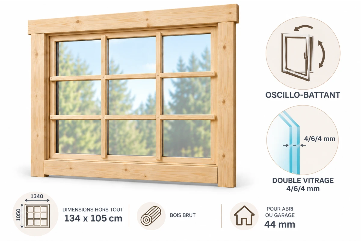 Fenêtre supplémentaire bois brut 134 x 105 cm avec croisillons pour abri ou garage 44 mm